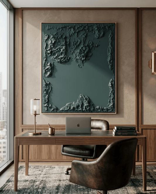 Modern office setup with a desk, chair, and wall art