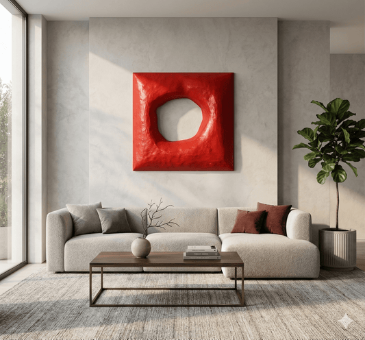 Modern living room with a red abstract painting on a gray wall.