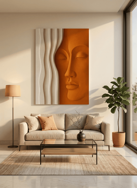Modern living room with a large abstract wall art piece featuring a face.