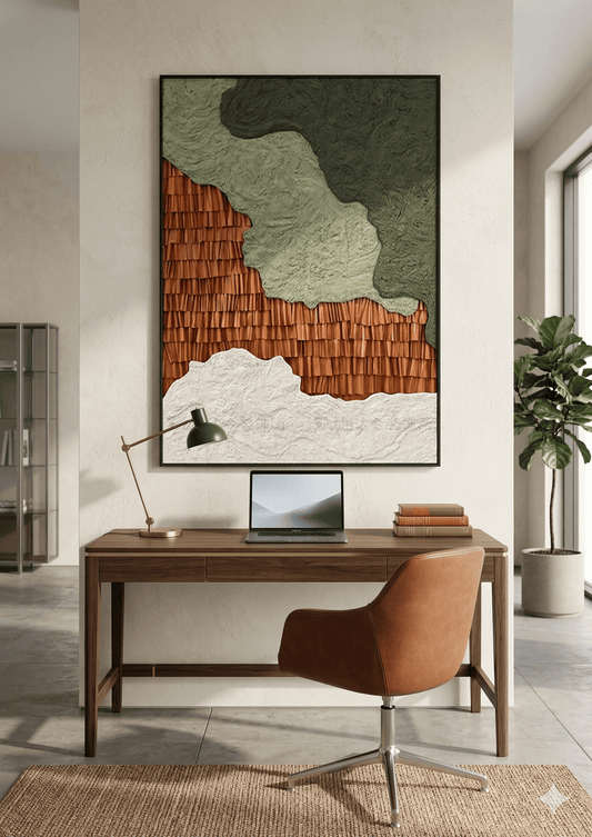 Modern home office with a wooden desk, chair, and abstract wall art.