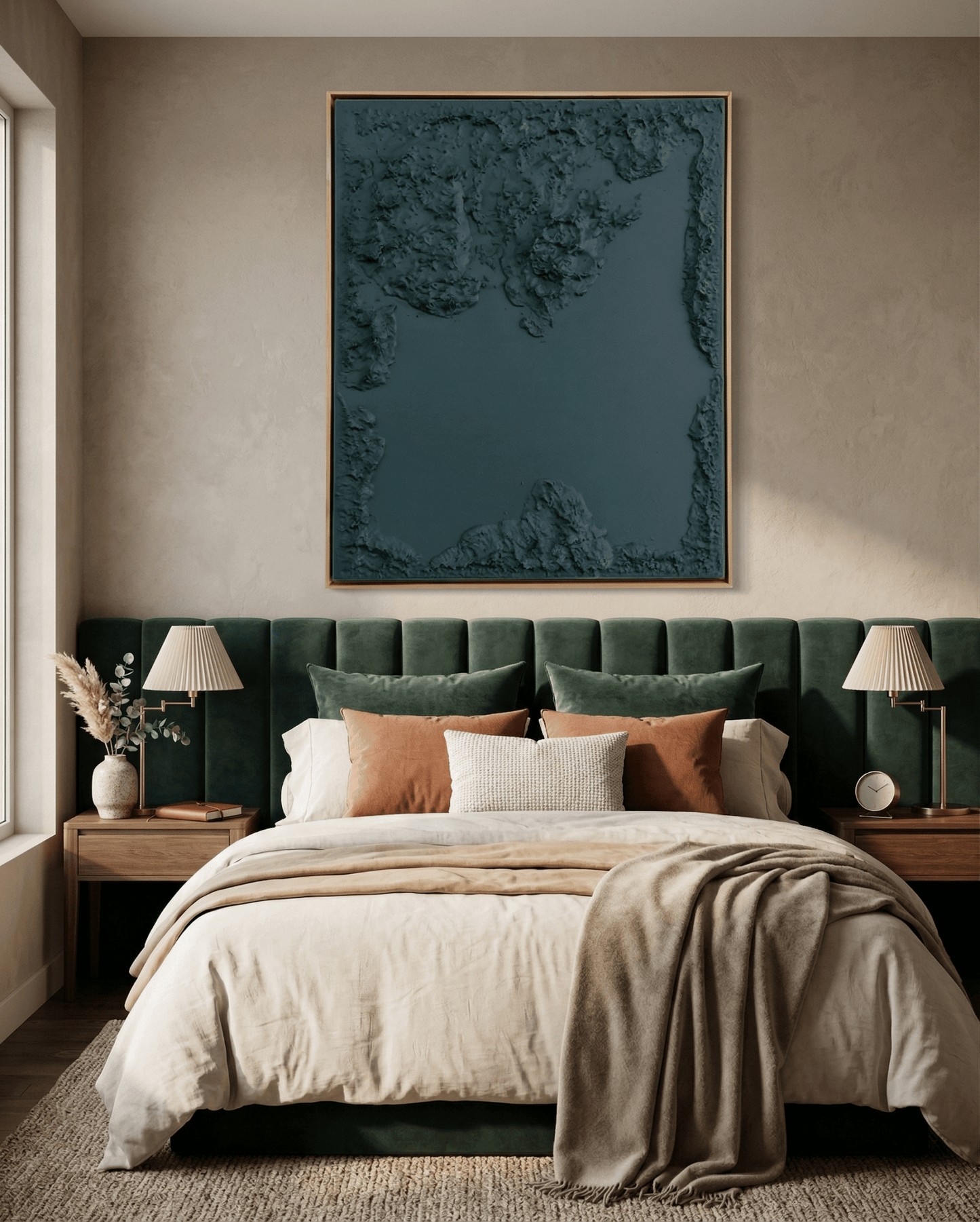 Modern bedroom with a green upholstered headboard, neutral bedding, and a large abstract painting on the wall.