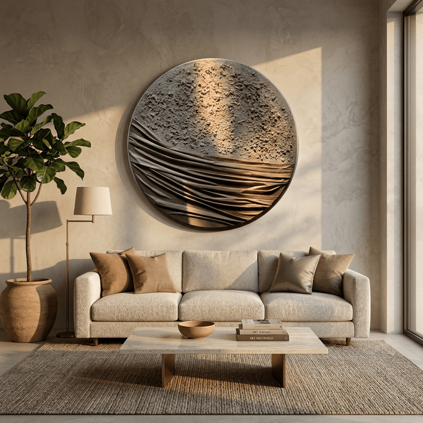 Modern living room with a beige sofa, round wall art, and a plant.