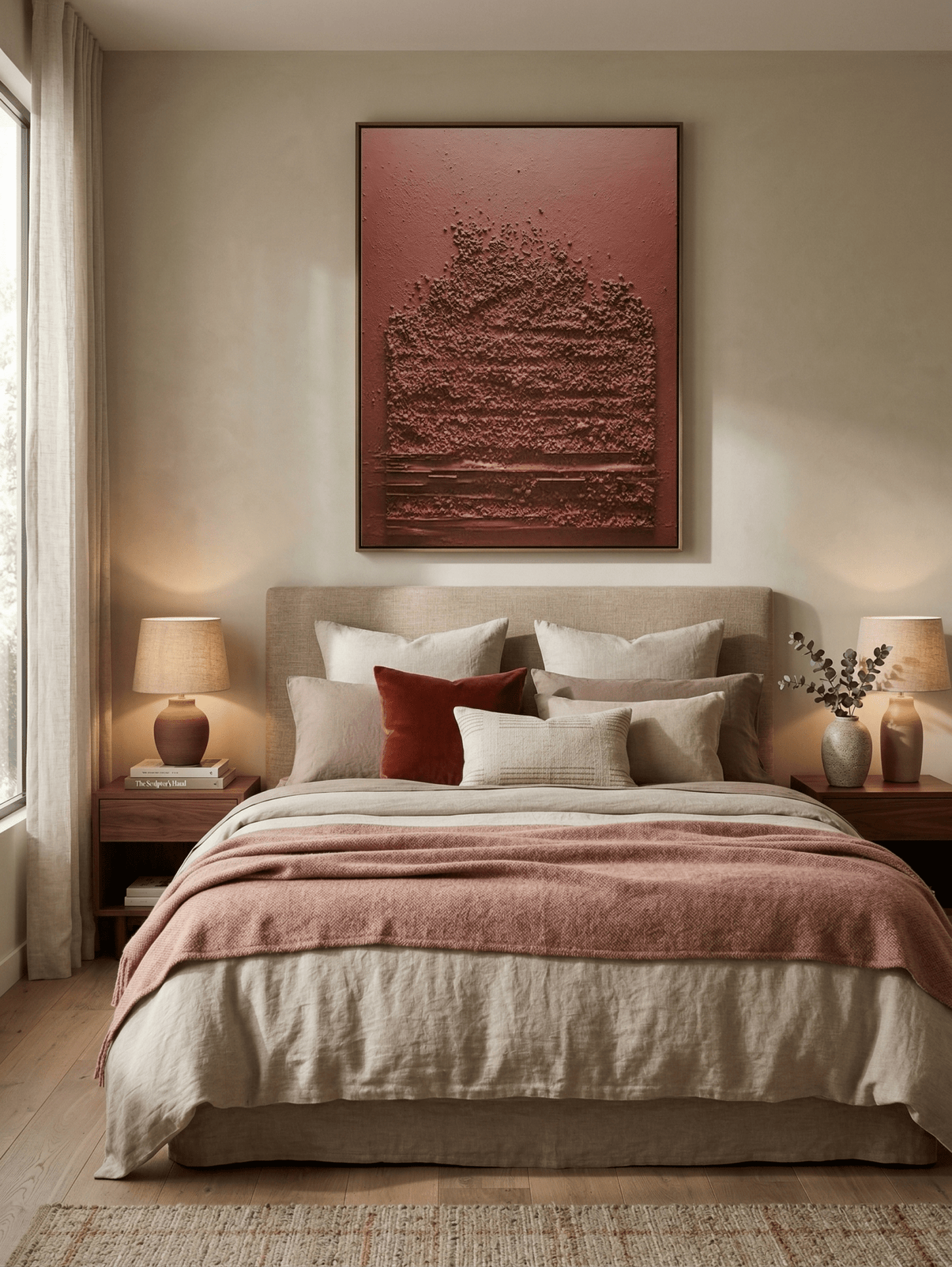 Cozy bedroom with a bed, nightstands, and wall art.