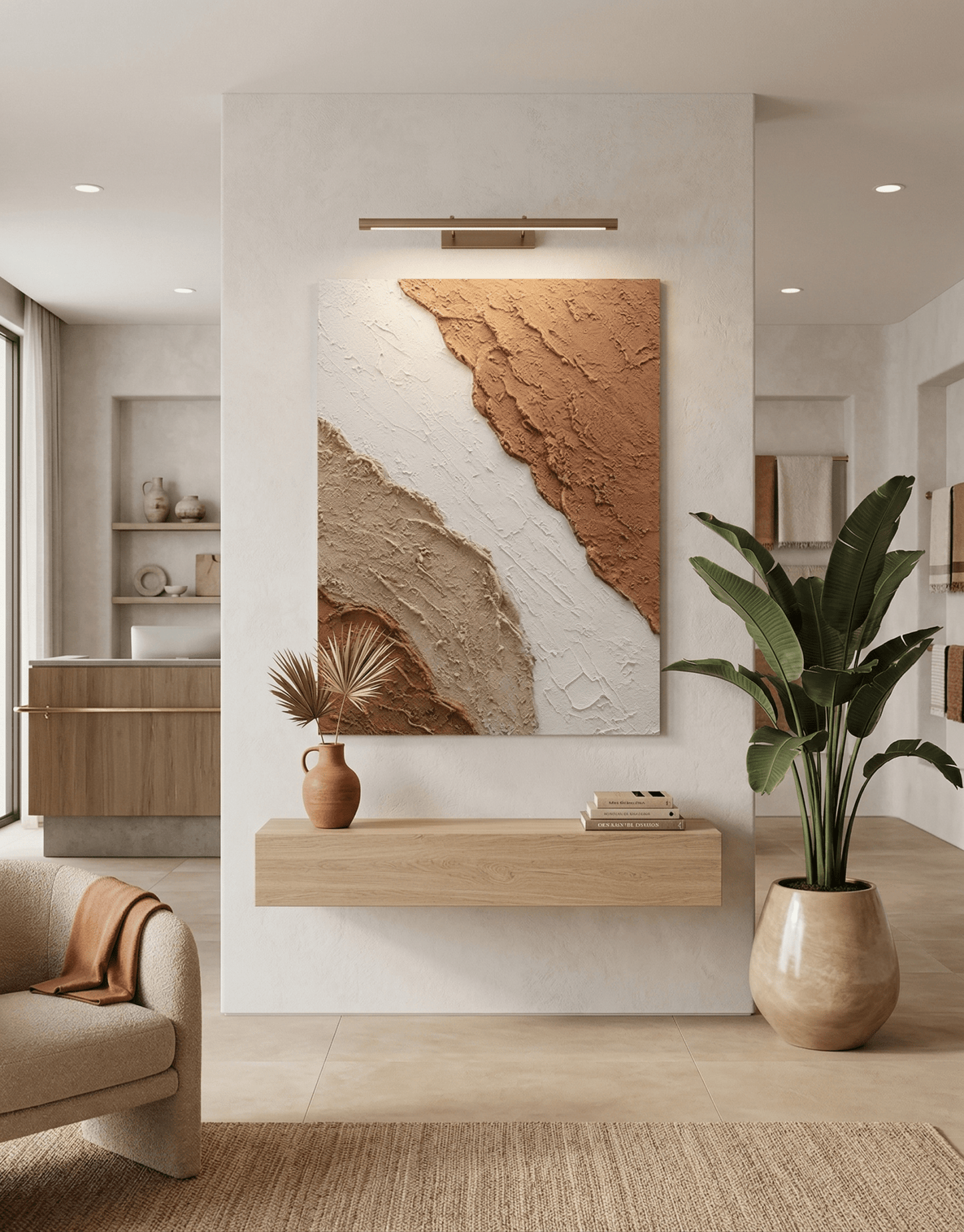 Modern interior with a wooden console table, abstract wall art, and decorative plants.