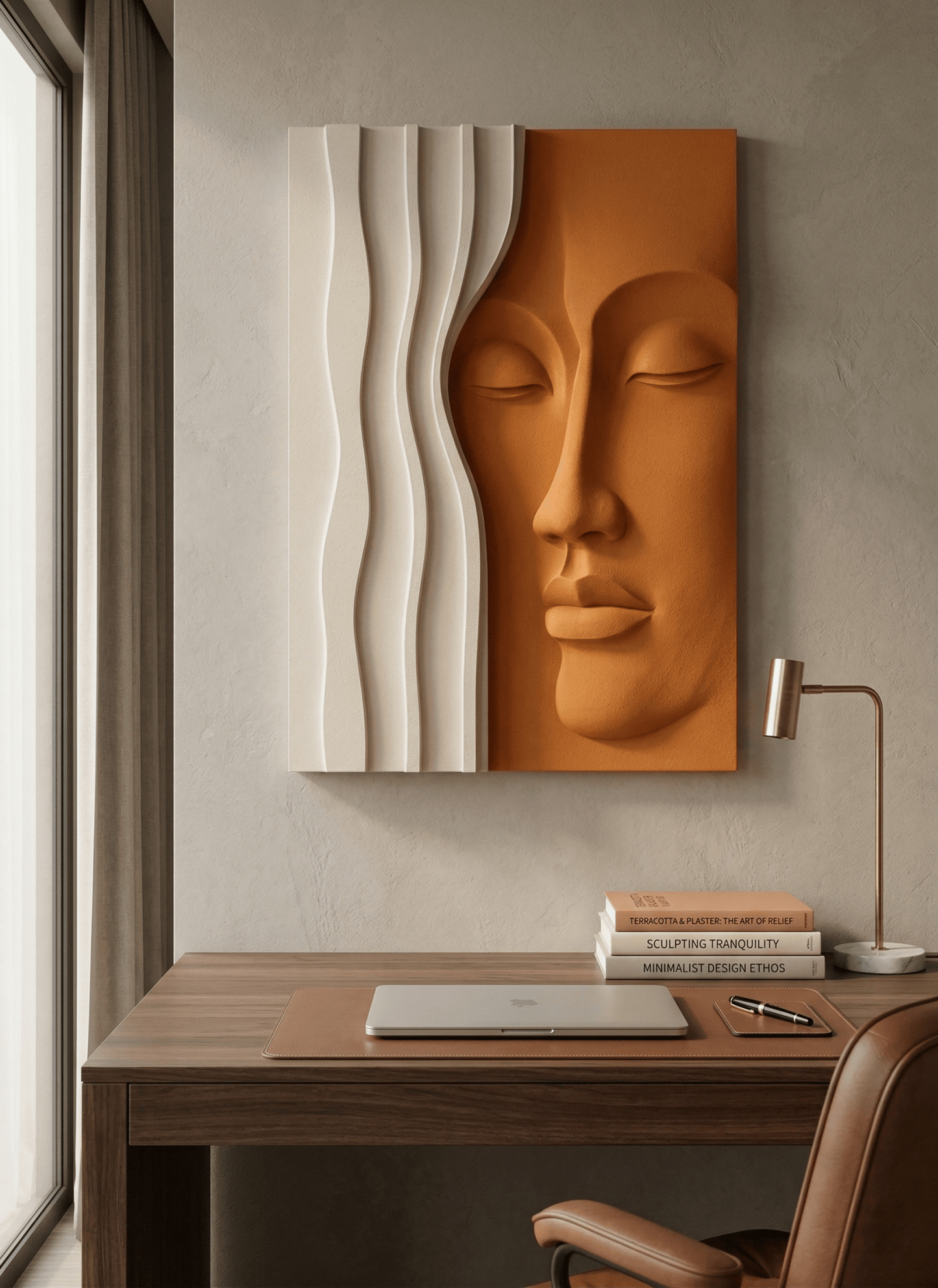 Decorative wall art of a face and wavy lines above a desk with a laptop.