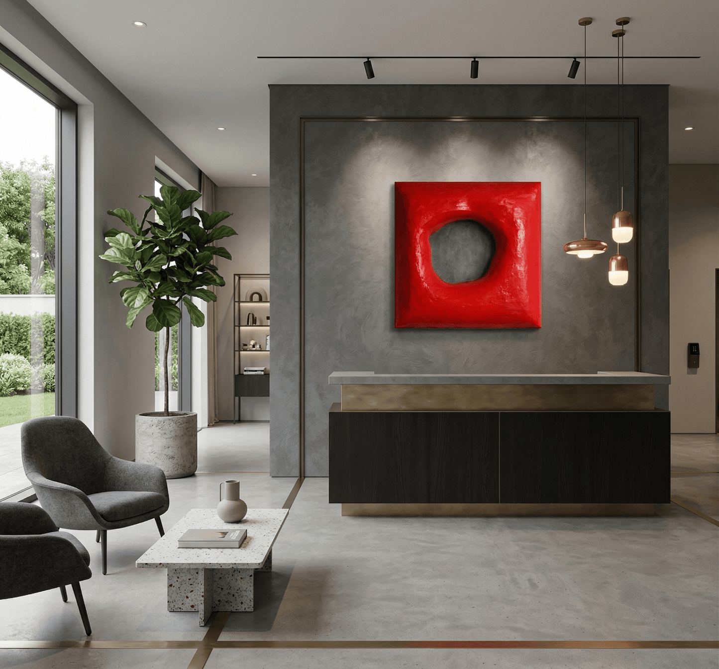 Modern interior design with a red abstract sculpture on a gray wall.