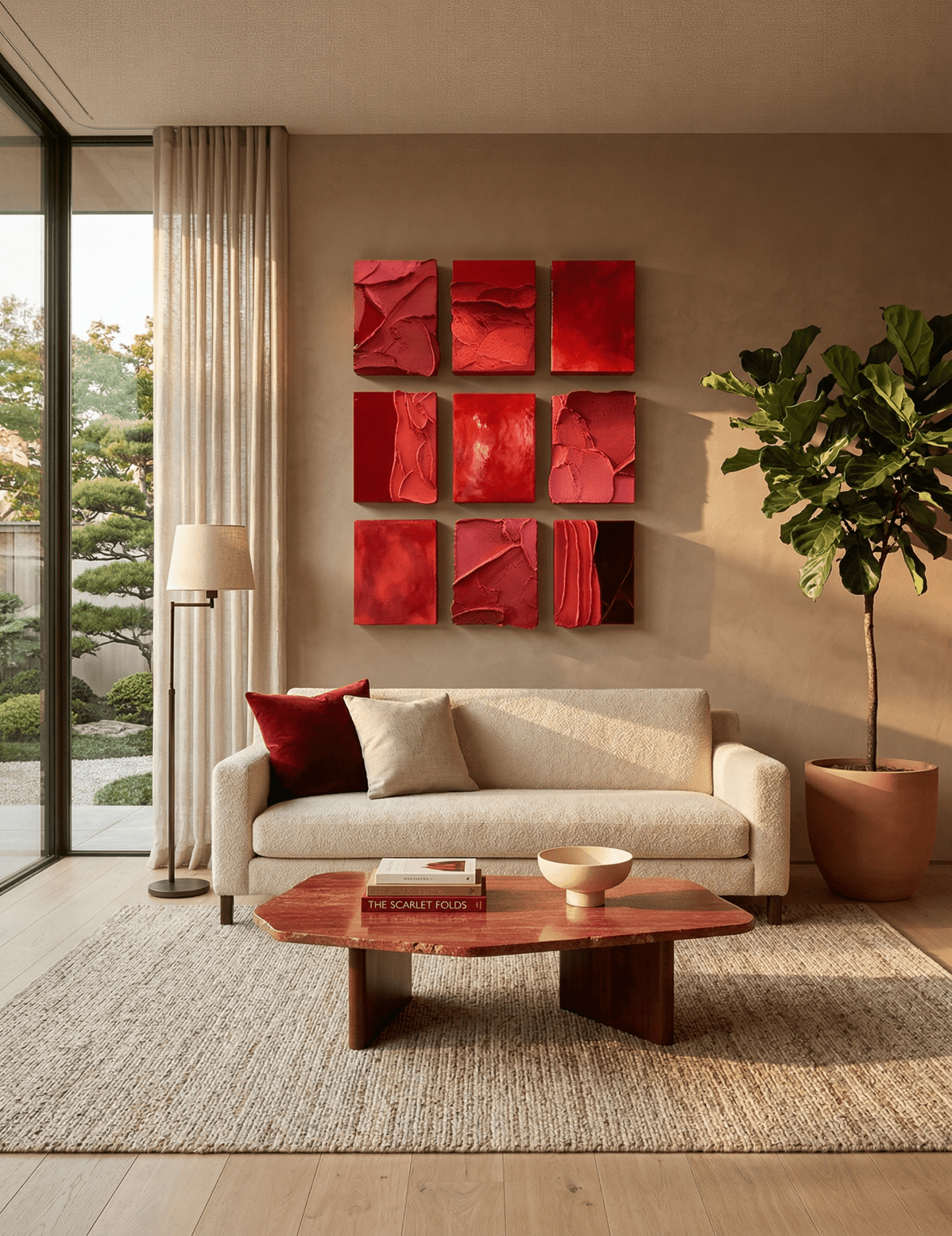 Red Grid | Red Textured Abstract Wall Art Set - Arte de Amaris