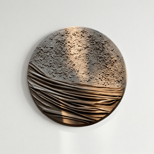 Round decorative wall piece with textured surface on a light gray background