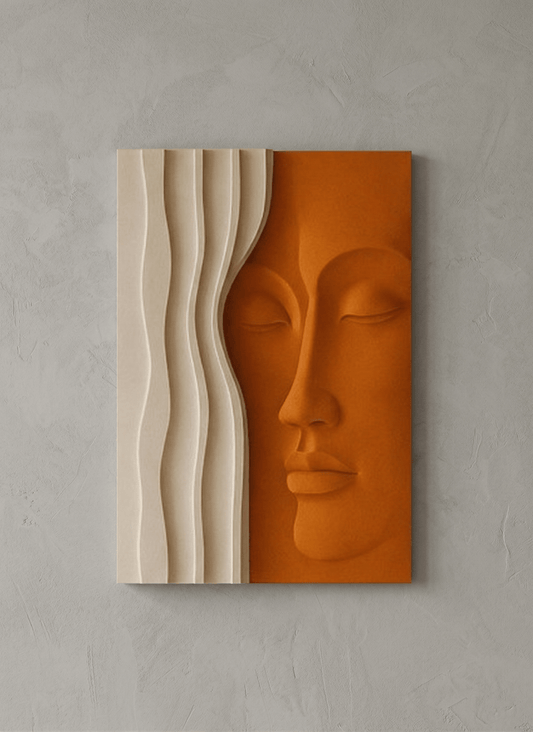Abstract wall art with a face design on an orange background, mounted on a gray wall.