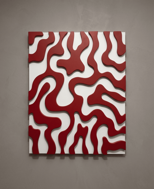 Red and white abstract wall art on a brown background