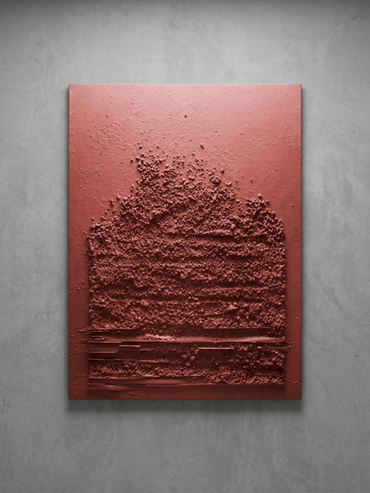 Textured red wall art on a gray background