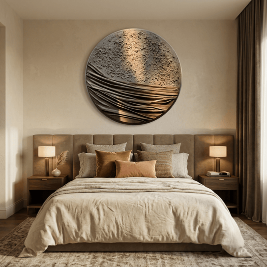 Modern bedroom with a large circular wall art piece, bed with pillows, and side tables with lamps.