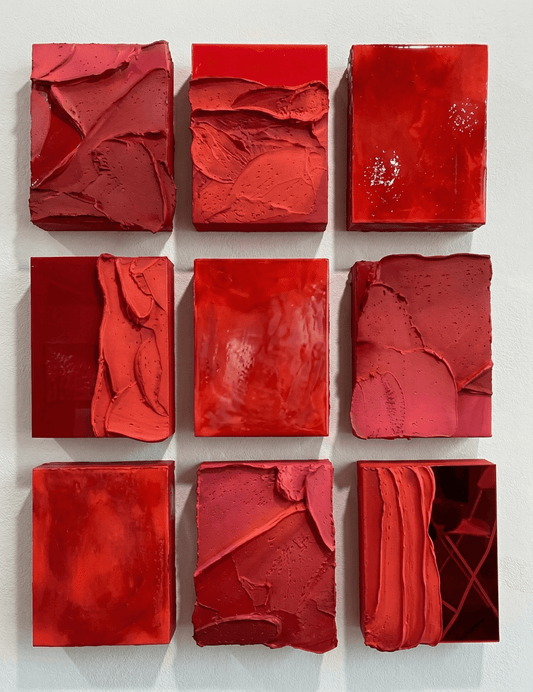 Red Grid | Red Textured Abstract Wall Art Set