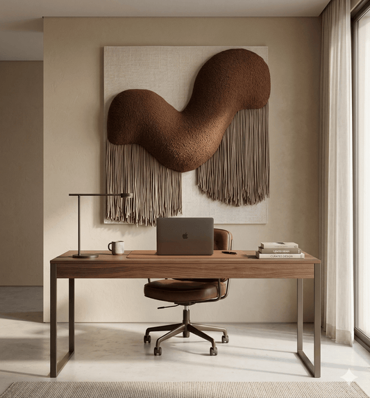 Modern home office with wooden desk, chair, and abstract wall art.