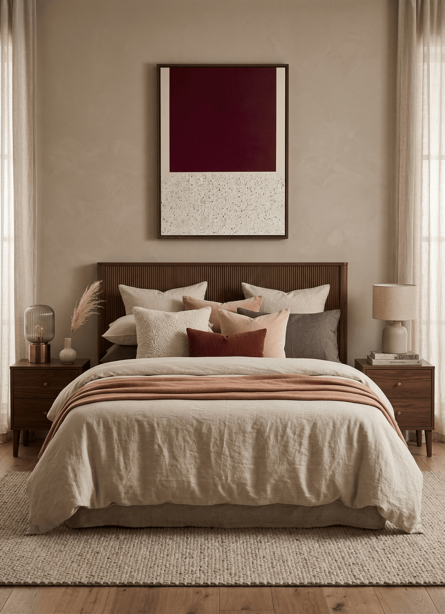 Neatly made bed with decorative pillows in a bedroom setting.