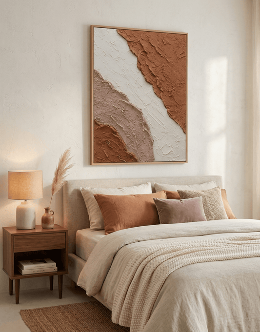 Neatly made bed with decorative pillows in a bedroom setting, featuring a side table with a lamp and abstract wall art.