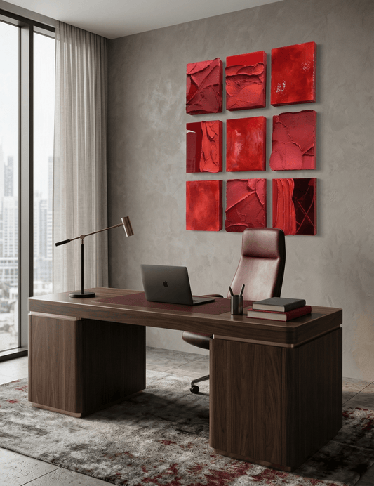 Red Grid | Red Textured Abstract Wall Art Set