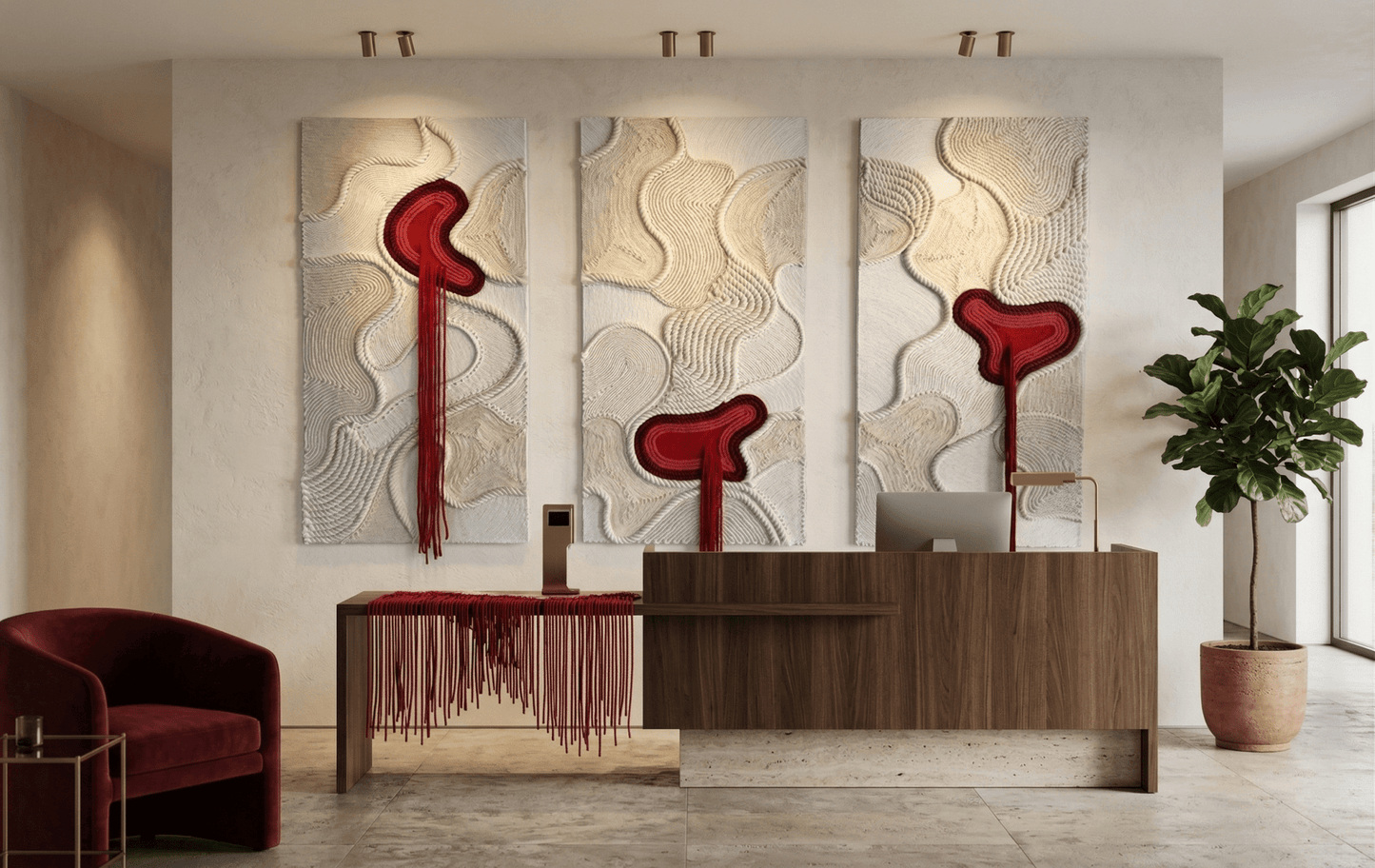 Modern interior design with a reception desk, artwork, and decor elements.