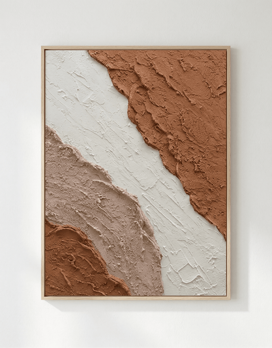 Abstract art piece with brown and beige textures on a white background