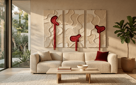 Modern living room with a beige sofa, coffee table, and decorative wall art.