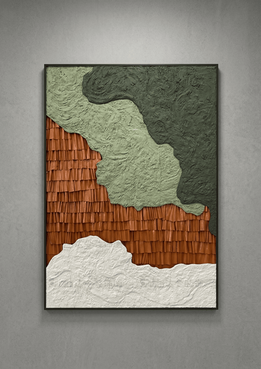 Textured wall art with brown, green, and white sections on a gray background
