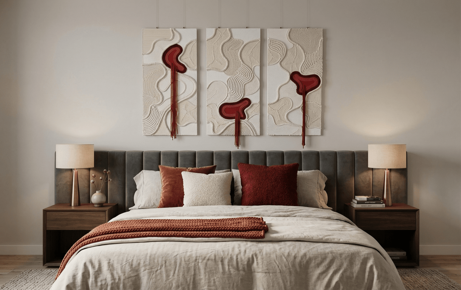 Modern bedroom with a bed, nightstands, and abstract wall art.