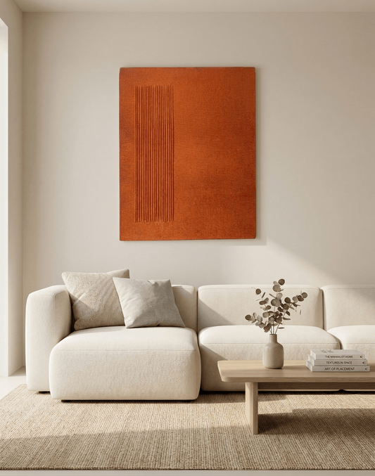 Modern living room with a white sofa, wooden coffee table, and abstract orange artwork on the wall.