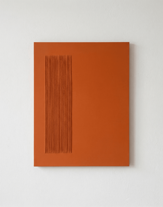 Rectangular orange artwork with a vertical slit on a white background