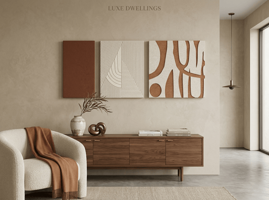 Modern living room with abstract wall art and wooden furniture.