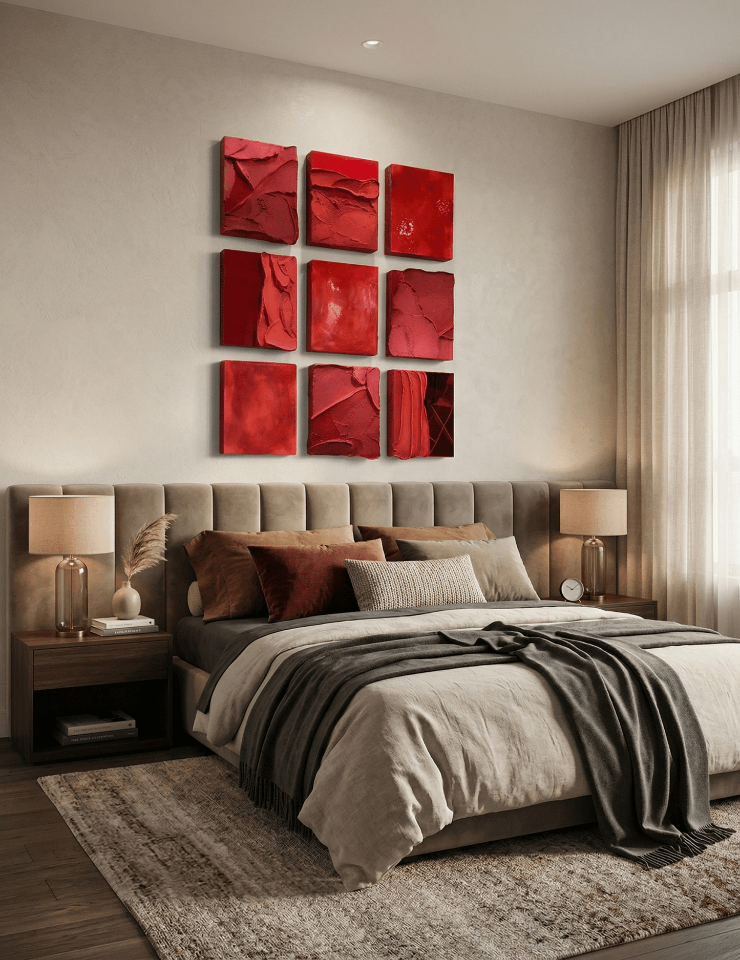 Red Grid | Red Textured Abstract Wall Art Set - Arte de Amaris