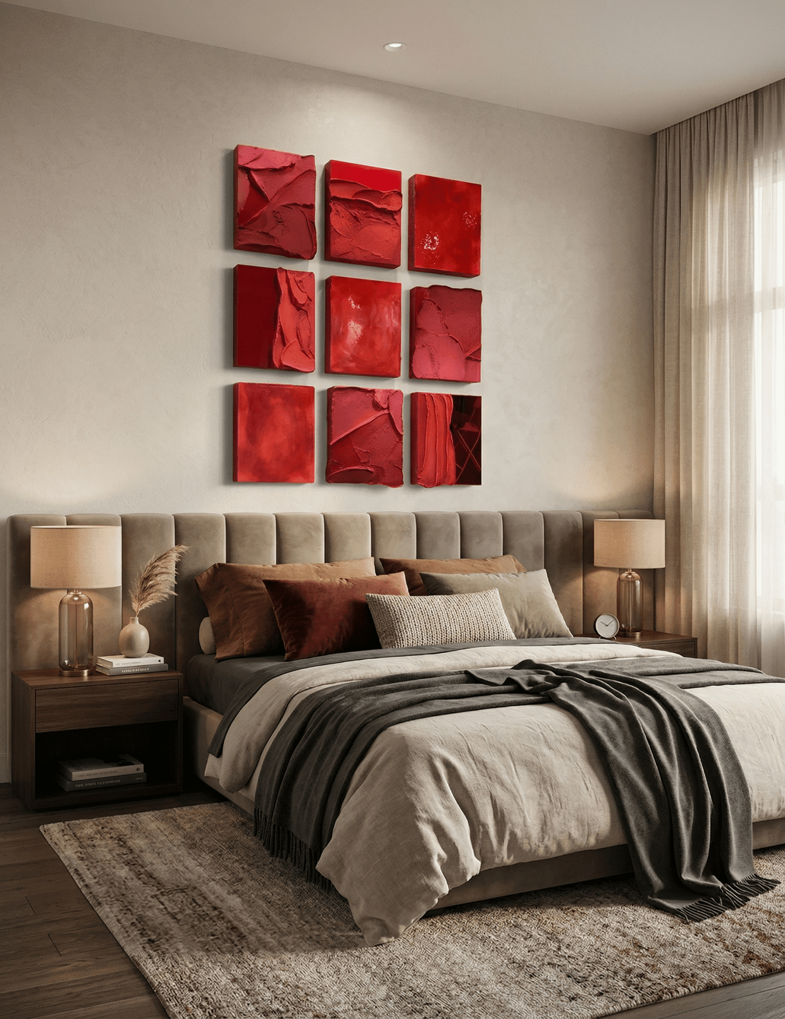 Red Grid | Red Textured Abstract Wall Art Set - Arte de Amaris