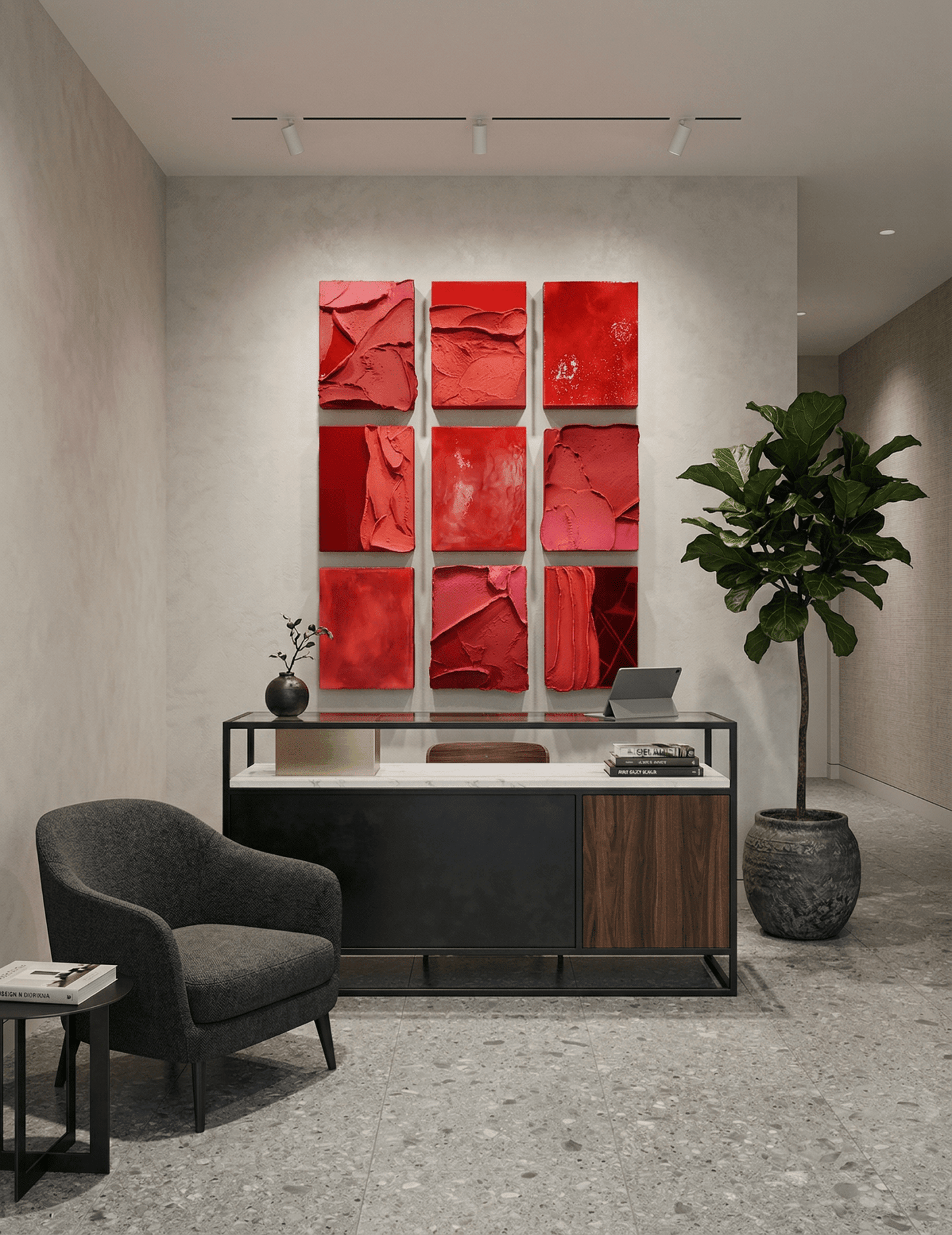 Red Grid | Red Textured Abstract Wall Art Set - Arte de Amaris