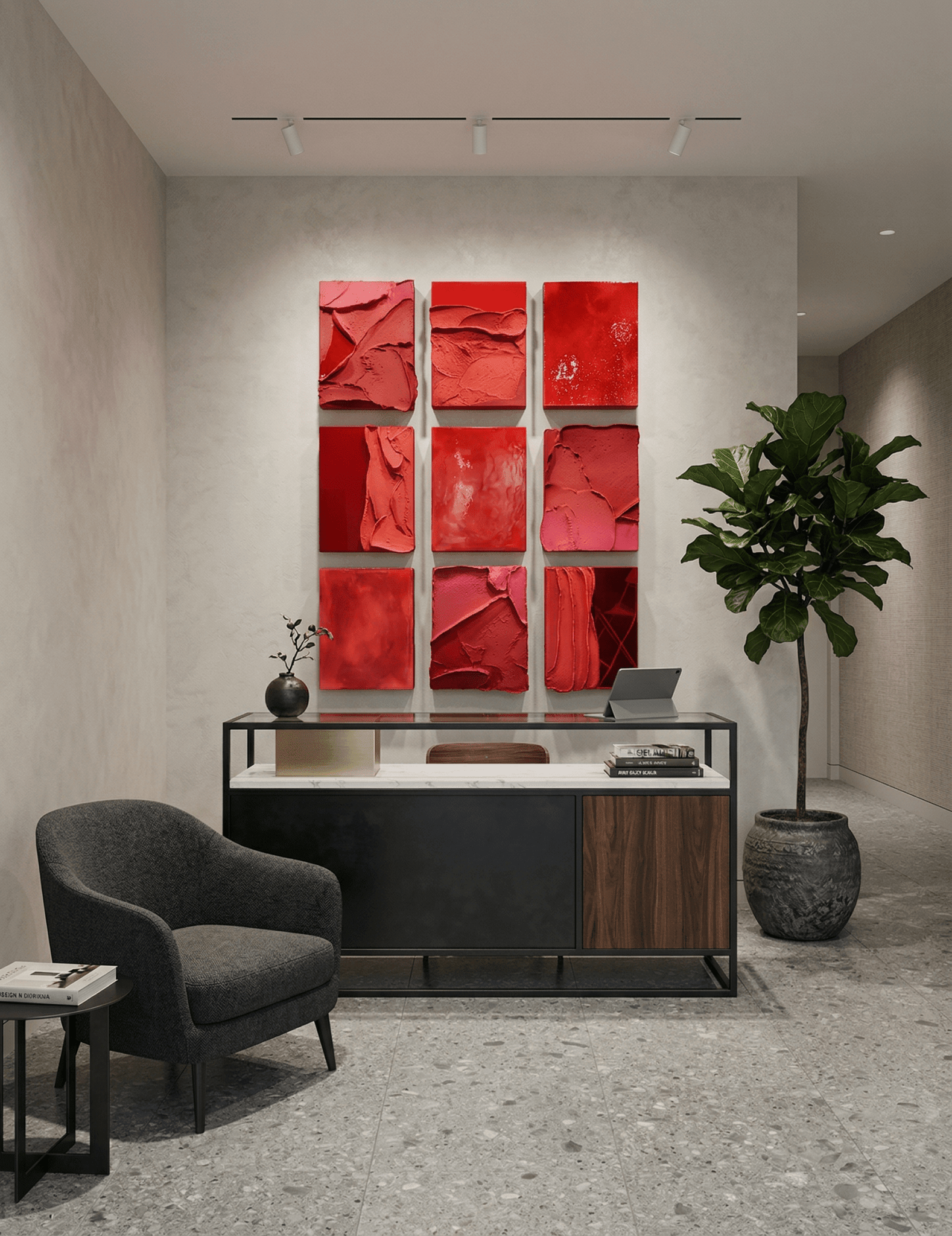 Red Grid | Red Textured Abstract Wall Art Set - Arte de Amaris